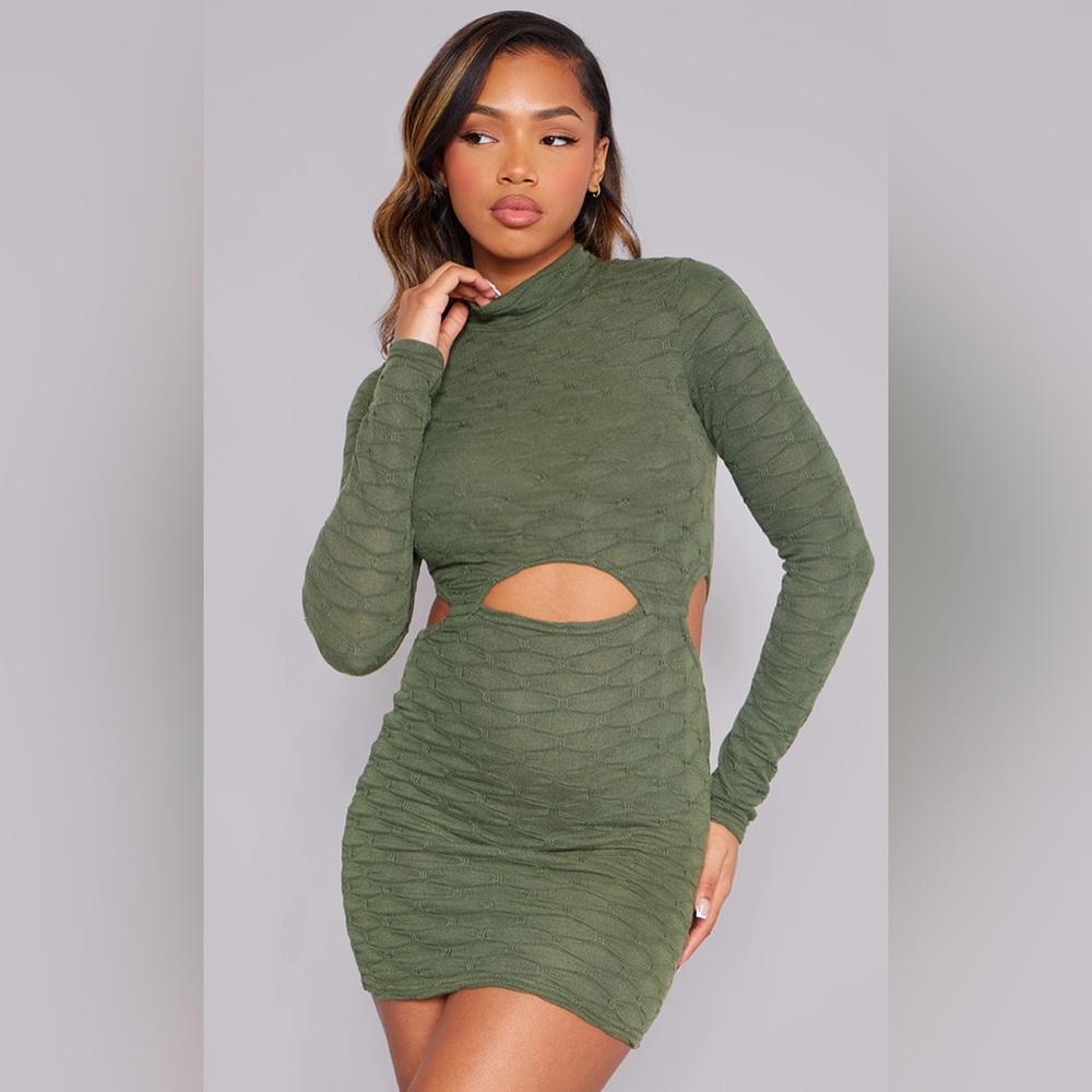 PrettyLittleThing Olive Green Cutout Long Sleeve Mini Dress| Size 8| NWT